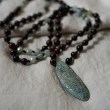 Load image into Gallery viewer, rosewood + burmese jade + green kyanite mala