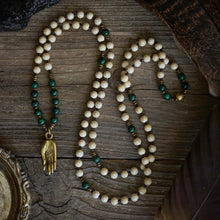 Load image into Gallery viewer, gyan mudra on malachite + riverstone mala