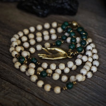 Load image into Gallery viewer, gyan mudra on malachite + riverstone mala
