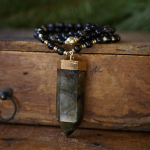 golden sheen obsidian + labradorite mala