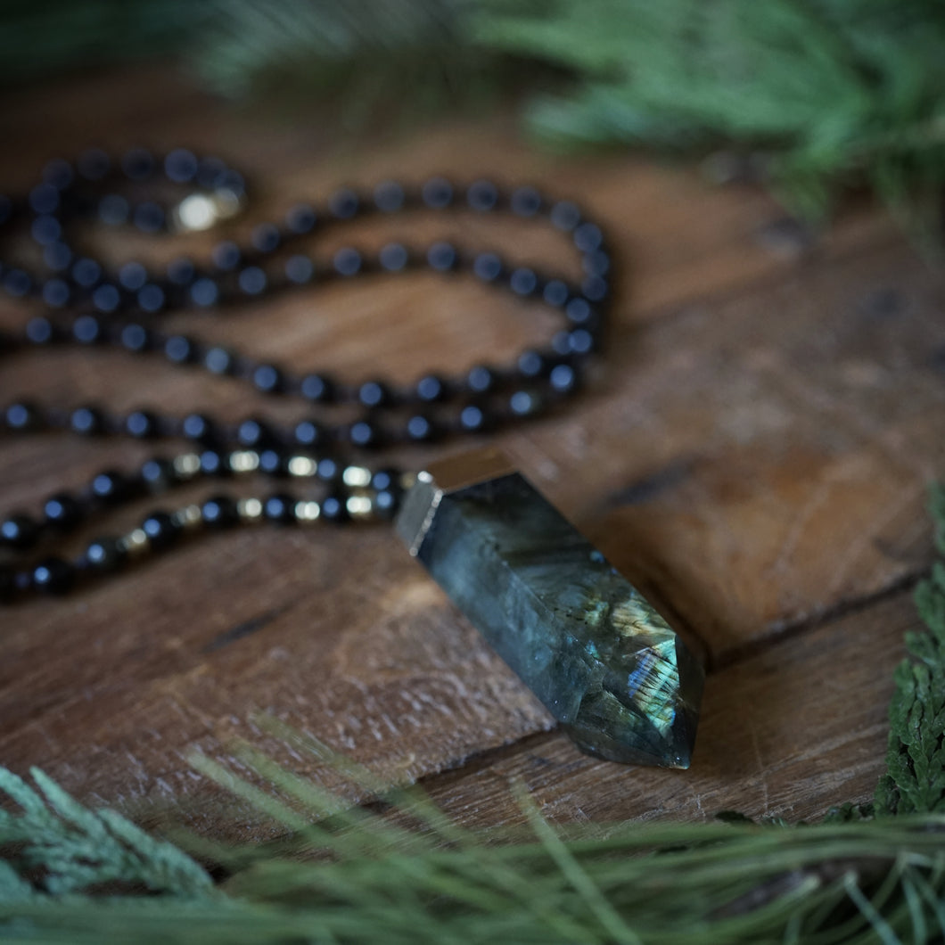 golden sheen obsidian + labradorite mala