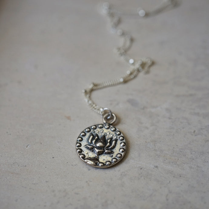 silver lotus + om necklace