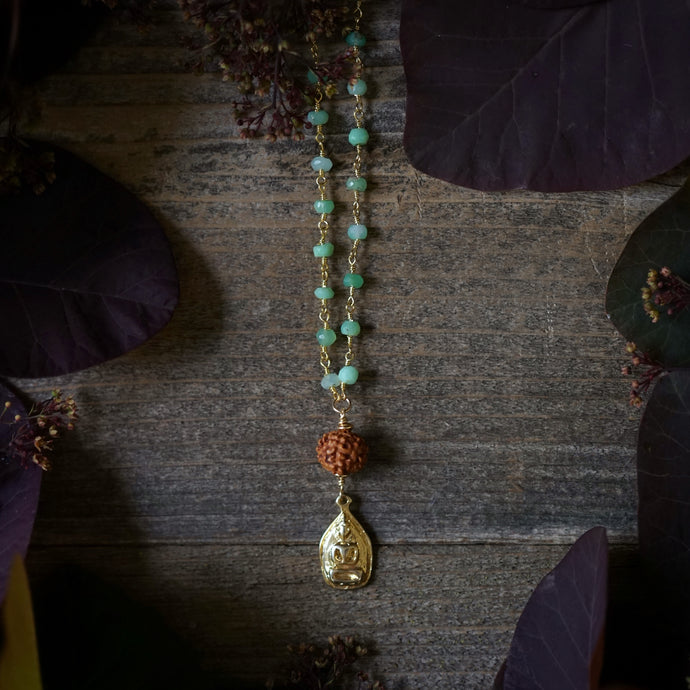 chrysoprase rosary chain + rudraksha + buddha
