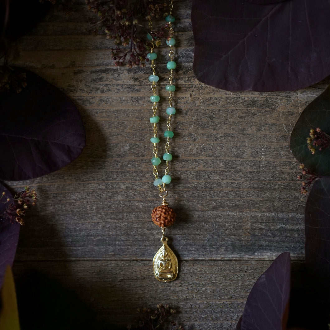 chrysoprase rosary chain + rudraksha + buddha