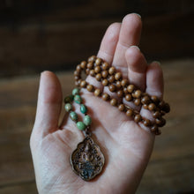 Load image into Gallery viewer, sandalwood + green turquoise + buddha mala