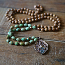 Load image into Gallery viewer, sandalwood + green turquoise + buddha mala