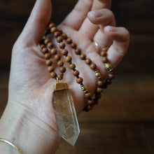 Load image into Gallery viewer, sandalwood + rutilated quartz mala