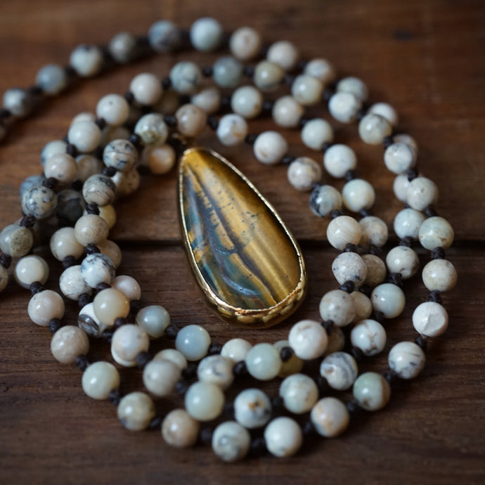 dendritic opal + tigers eye mala