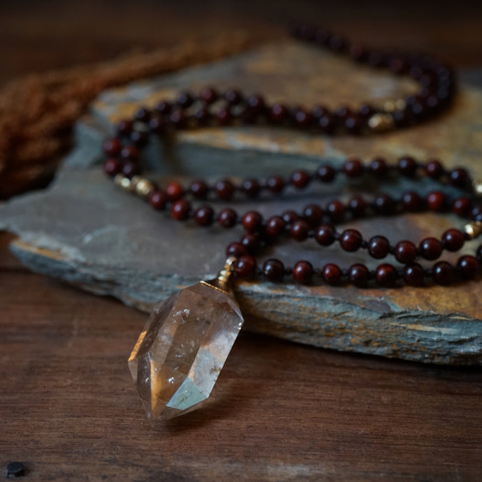 rosewood + rutilated quartz mala