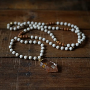 riverstone + sandalwood + rutilated quartz mala