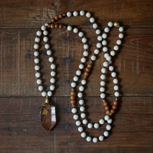 Load image into Gallery viewer, riverstone + sandalwood + rutilated quartz mala