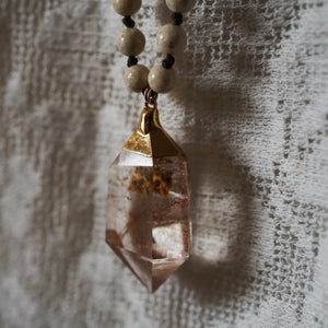 riverstone + sandalwood + rutilated quartz mala