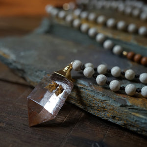 riverstone + sandalwood + rutilated quartz mala