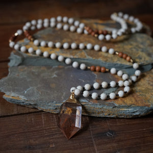 riverstone + sandalwood + rutilated quartz mala