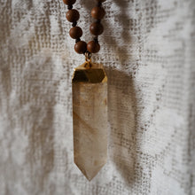 Load image into Gallery viewer, sandalwood + rutilated quartz mala