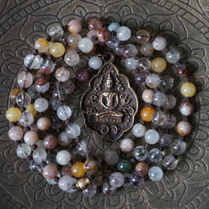 multi rutile quartz + buddha mala