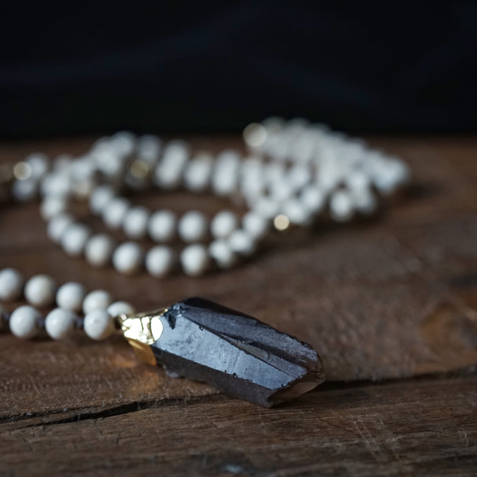 riverstone + smoky quartz mala