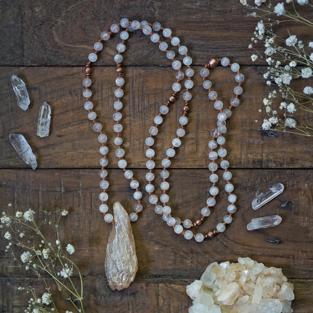 moonstone + aura quartz mala