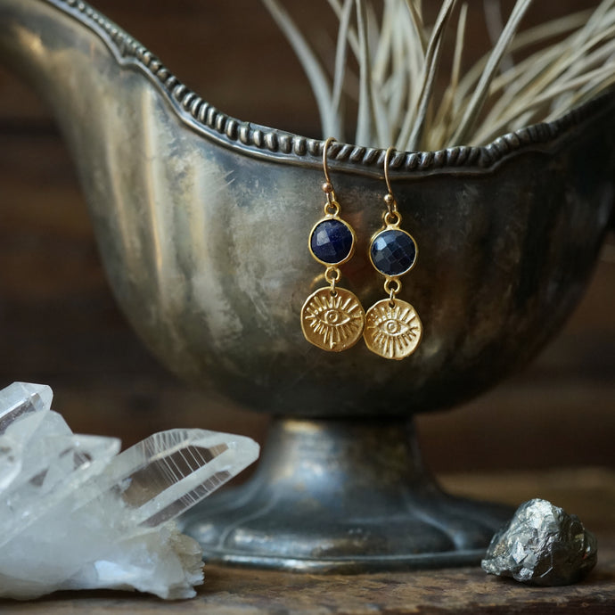 sapphire + gold eye talisman earrings