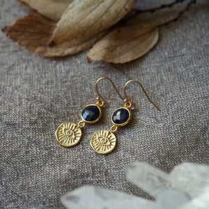 sapphire + gold eye talisman earrings